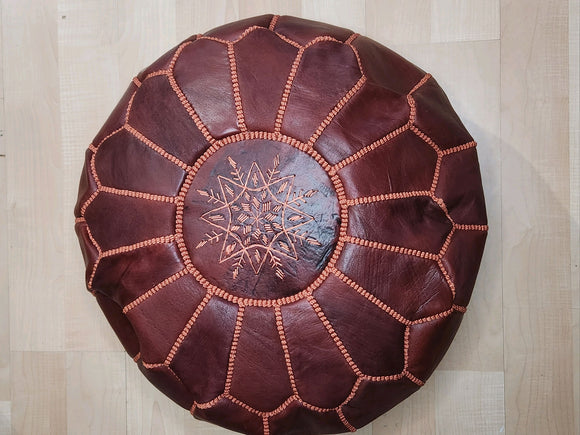 HAND EMBROIDERED TOBACCO LEATHER POUF