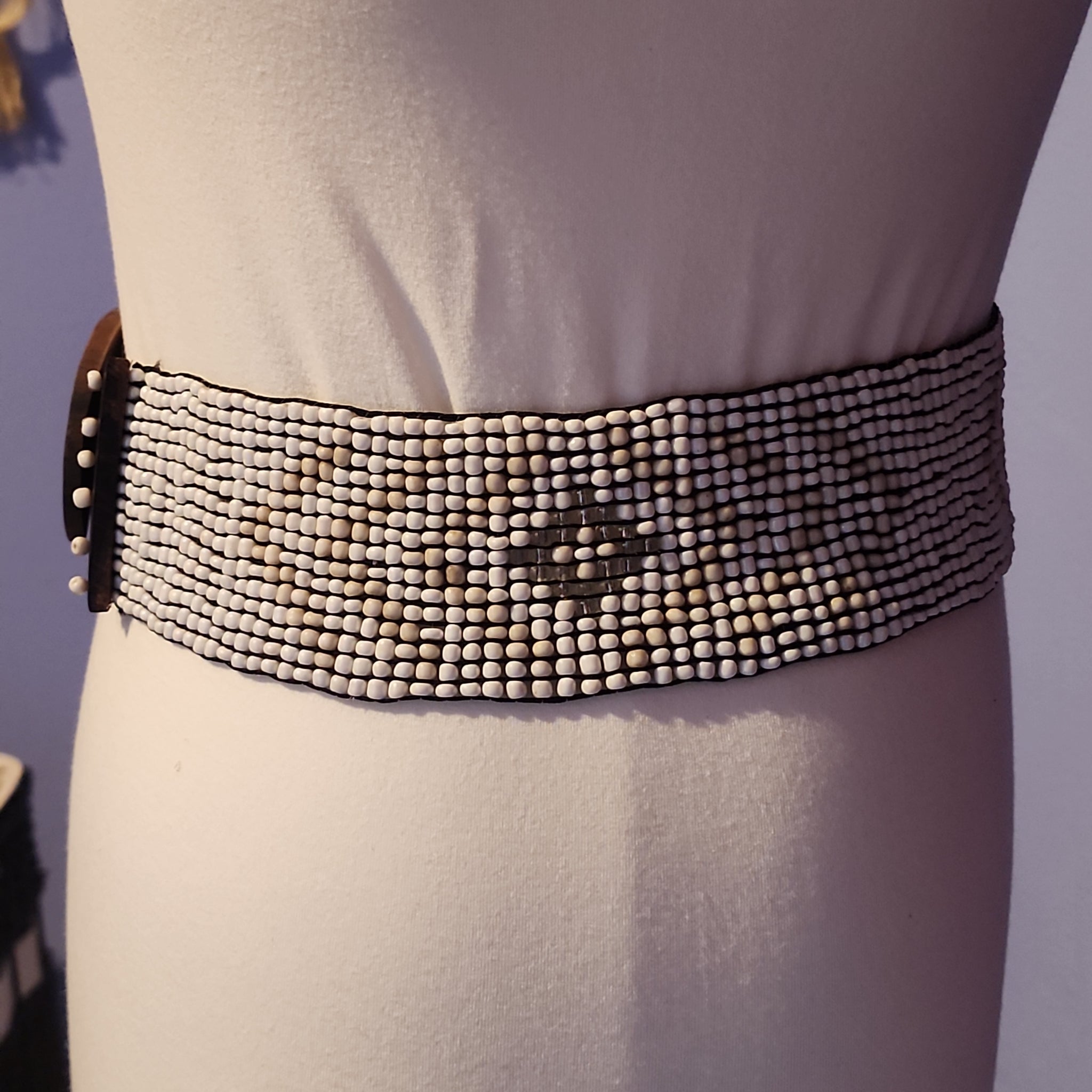 Tribal Statement Waist Belt Brass Silver Tone Multi Strand Beaded M L Polychrome Hand-Tooled Seed Bead Western Belt by Myra Bag  main image 2