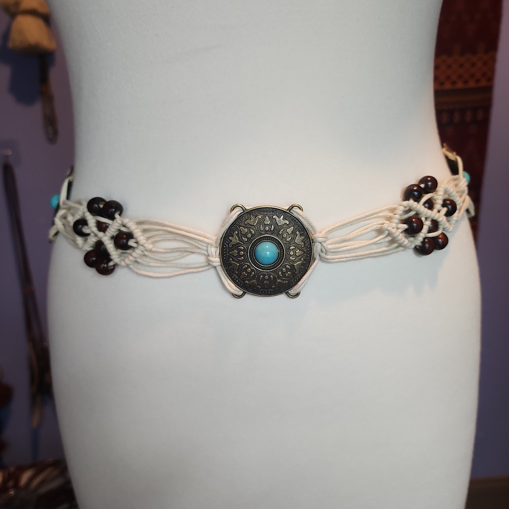 Turquoise medallion white macrame belt – Uniqueboutiqueimports display picture 1