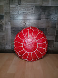 HAND EMBROIDERED RED LEATHER POUF