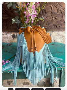 BUCKET BAG V & SIDE FRINGE TURQUOISE& CAFE  LEATHER